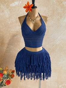 Soleia Bộ đồ 2 mảnh dành cho nữ gồm áo crop top cổ chữ V buộc dây sau lưng và chân váy ngắn tua rua, thích hợp cho tiệc tùng, Giáng sinh, hẹn hò, hộp đêm, phong cách Bohemian, Boho, kỳ nghỉ, mùa thu. - Màu xanh hải quân - Xem 5
