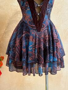 SHEIN WYWH Đầm ngắn cổ yếm ren in họa tiết gợi cảm thời trang nữ - Cà phê nâu - Xem 7