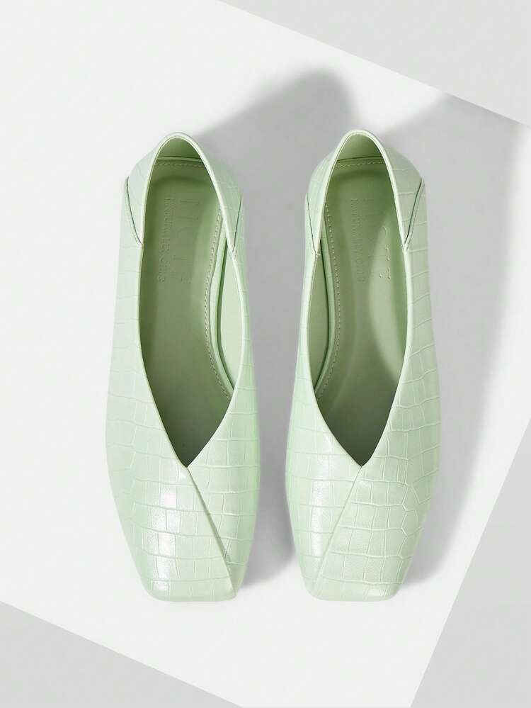 WOMEN SHOES NEW FRENCH RETRO FASHION STONE PATTERN FLAT BOTTOM SQUARE TOE V MOUTH SHOES, LIGHT GREEN SIMPLE AND VERSATILE, COMFORTABLE AND ELEGANT TEMPERAMENT, ADVANCED SENSE, SLIP-ON MARY JANE SHOES