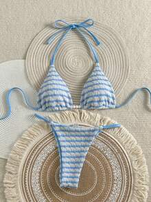 Swim Vcay Women's Blue And White Striped Crochet Bikini Set,Spaghetti Strap Halter Beaded Swimwear,High Cut Bottoms,Summer,Techno,Beach Party,Rave,Holida Y - Blue and White - View 3