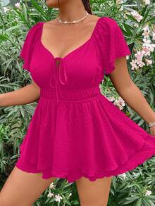 Flirla Tuta corta da donna taglie forti, con collo a cuore, coulisse in vita, vita elastica, doppio volant sull'orlo, maniche corte, adatta per appuntamenti estivi e viaggi - Fucsia - Visualizzare 4
