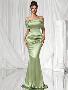 Coutiva 女士露肩褶皱撞色蕾丝鱼尾下摆正式晚礼服 - 薄荷綠 - 查看 7