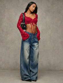 SHEIN BAE 女装夏季性感蕾丝演唱会外出约会毕业典礼荷叶边超短胸杯细吊带长袖白色夏季女上衣 - 酒紅色 - 查看 5