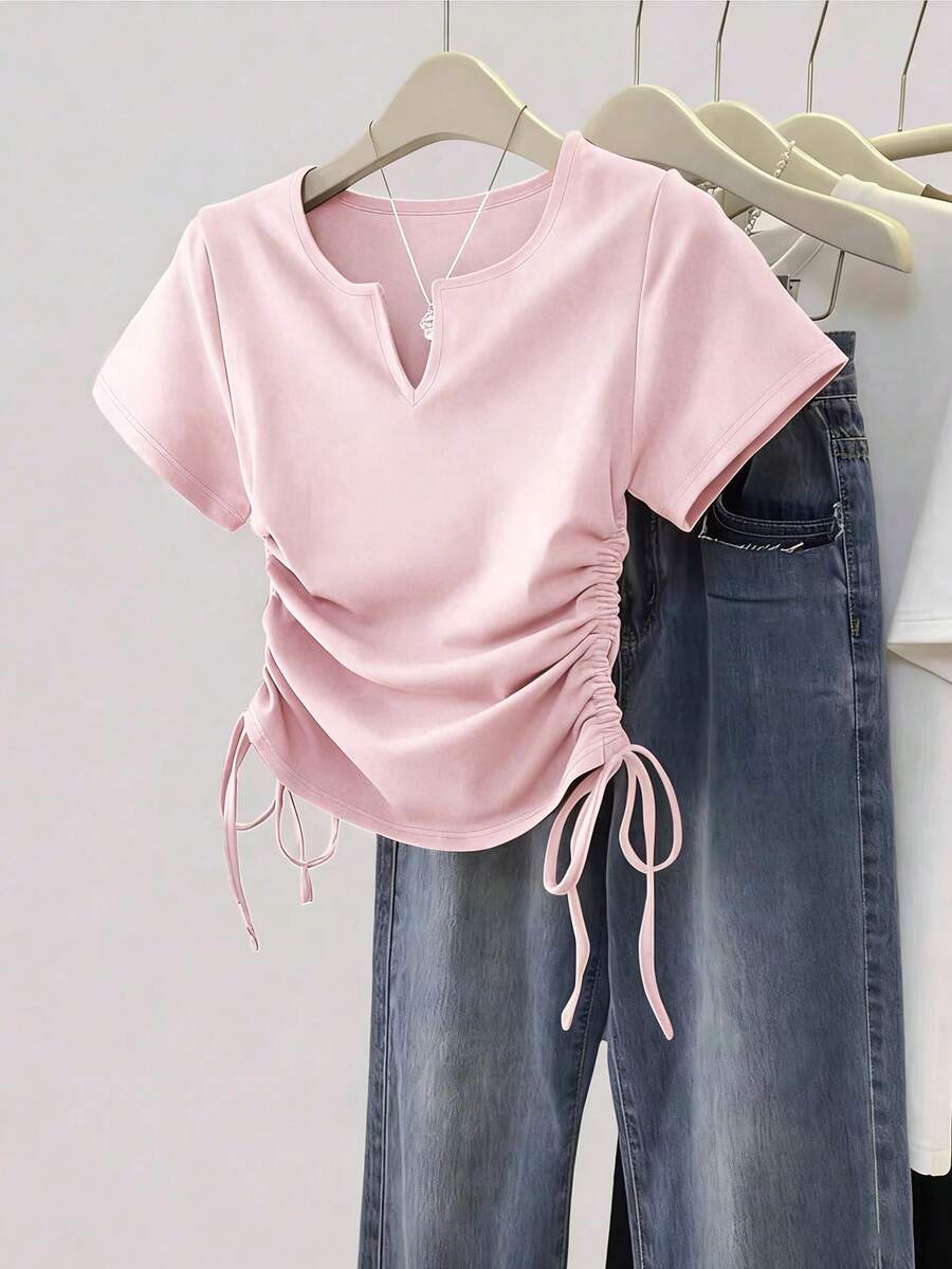 Resyla Women's Solid Color V-Neck Short Sleeve Drawstring Casual T-Shirt - Pink - View 1