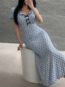 Feyla 女士蝴蝶结装饰爱心印花修身中长连衣裙 - 藍色 - 查看 6