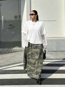SHEIN EZwear 大码女式白色撞色蕾丝二合一T恤 - 白色 - 查看 3