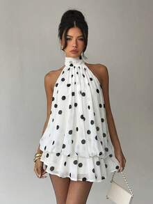 Aloruh Women's Elegant Beige Halter Neck Tie Mini Dress - White - View 7
