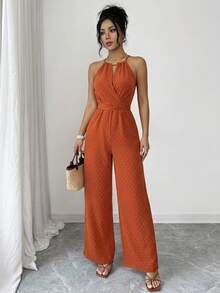 Franclia Bộ jumpsuit nữ kiểu dáng cổ điển thanh lịch, cổ yếm, thắt chéo eo, ống rộng, thích hợp cho buổi hẹn hò ngày Valentine, kỳ nghỉ hè, tụ họp bạn bè hoặc đi làm hàng ngày. - trái cam - Xem 6