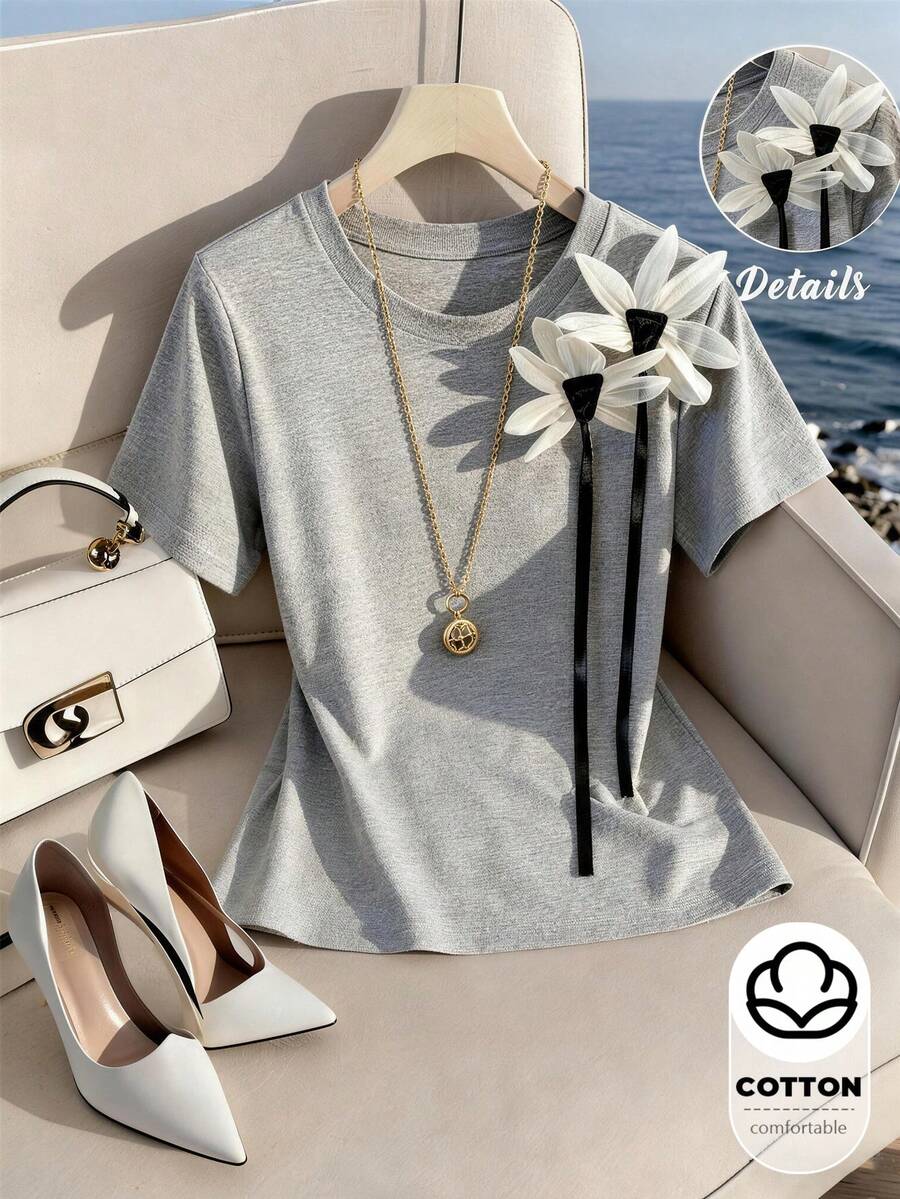 Franclia Tricou de vară pentru femei, cu mânecă scurtă și guler rotund, cu decor floral 3D, casual - Gri - Vizualizare 1