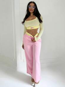 Shopreo Conjunto de 2 peças de blusa e calça cropped casual colorblock feminino - Rosa - Ver 1