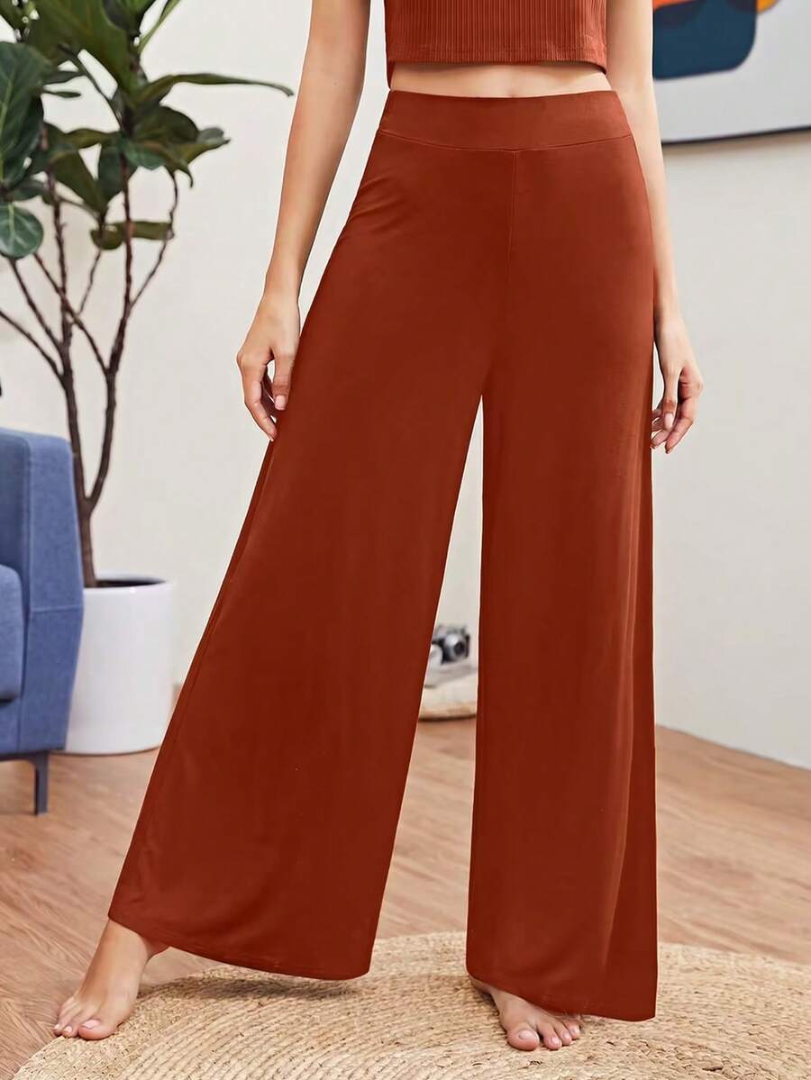 SHEIN Essnce 休闲百搭纯色阔腿裤 - 鏽棕色 - 查看 1
