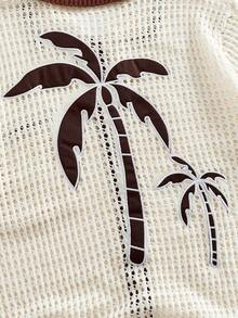ROMWE MEN Casual Men's Jacquard Coconut Tree Hollow Out Single-Breasted Pocket Round Neck Short Sleeve Knit Top, Suitable For Summer Travel And Beach - Coffee Brown - View 6