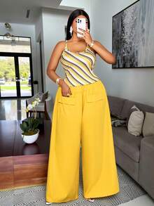 SOLERSUN Conjunto de camiseta de tirantes a rayas y pantalones de cintura elástica de unicolor, adecuado para el Día de San Valentín, talla grande - Amarillo - Ver 3
