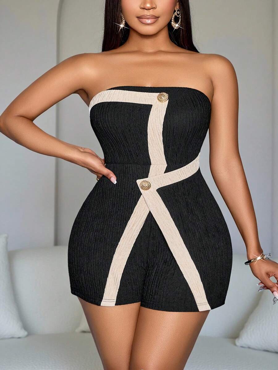 SOLERSUN Áo liền quần cỡ lớn mùa hè kiểu retro phối đen và mơ, đơn giản, dễ phối đồ, thích hợp cho Halloween, tiệc tùng, đi phố, dạo phố, đi chơi, mặc ngoài, áo ống, quần short, kiểu retro bohemian, viền bèo nhún, eo chun, ôm sát. - màu đen - Xem 1