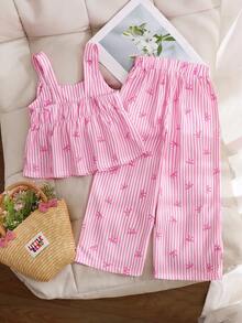 女童（小号）粉白条纹蝴蝶结印花吊带背心和直筒裤套装，夏季儿童时尚通勤优雅装扮 - 粉色 - 查看 2