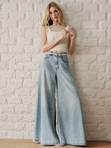 Anewsta Quần ống rộng denim xanh dương thời trang đường phố mới dành cho nữ - Màu xanh lam - Xem 2