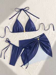 Swim Vcay 3件套夏季新款挂脖系带比基尼，金色星星装饰，度假风女士泳装 - 彩色 - 查看 6