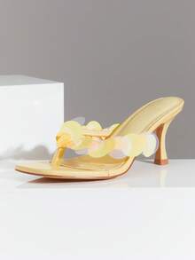 SHUZIA Sandal nữ quai ngang tối giản, trang trí họa tiết đồng xu kim loại, gót trung bình, thanh lịch, thích hợp dự tiệc tối. - Màu vàng - Xem 4