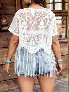 Ceyna Áo kiểu nữ cỡ lớn phong cách phương Tây, bohemian, thường ngày, đi nghỉ mát, khoét lỗ, ren xuyên thấu, tay ngắn, có tua rua. - trắng - Xem 2