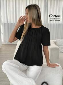 夏季休闲纯色短袖衬衫 - 黑色 - 查看 3