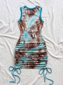 Soleia Damen Große Größen Sommer Urlaub Blau Leopard Muster Künstlerische Graffiti Strick Trägerkleid mit Kordelzug Saum, geeignet für Musikfestivals, Ostern, Karneval, Strand, Kreuzfahrt, Nachmittagstee - Verschiedenfarbig - Übersicht 3
