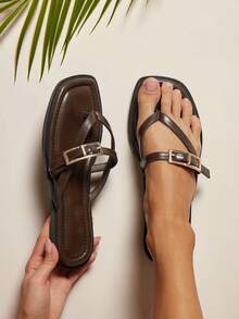 SHUZIA Women's Square Toe Cushioned Insole Metal Buckle Fine PU Coffee Thong Slides – Warm, Effortless & Vacation Ready - Coffee Brown - View 2