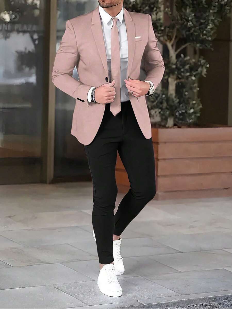 Manfinity Mode Conjunto de chaqueta de manga larga rosa y pantalones negros para hombre - Multicolor - Ver 1