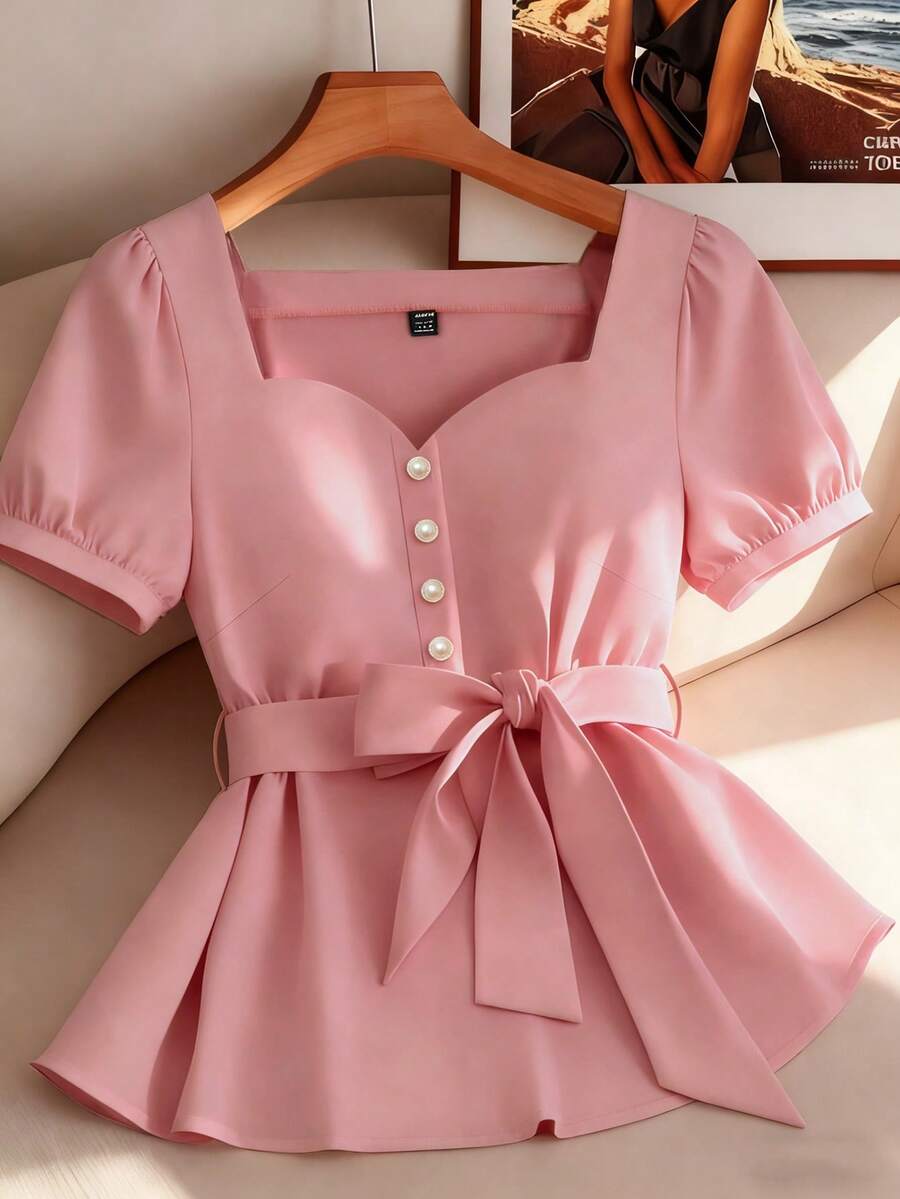 GlowEve CURVE Large-Sized Woven Elegant And Simple Commuting Women's Shirt - Pink - View 1
