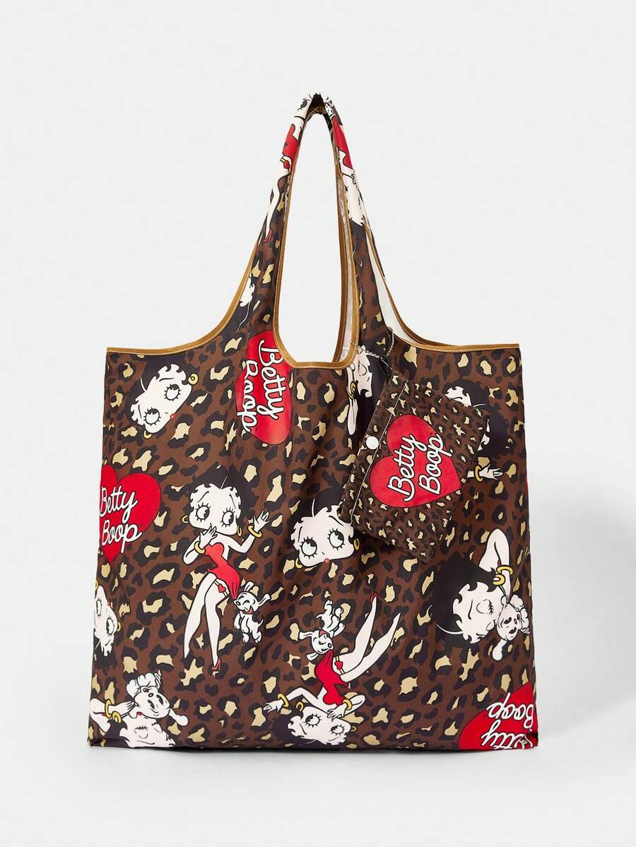 Betty Boop x SHEIN 1805040 1 件装,深色豹纹红色嘴唇图案折叠购物袋,大容量防水手提袋。 - 多色5 - 查看 1