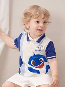 BABY SHARK X SHEIN Polo de manga corta con estampado de tiburón de dibujos animados para bebé niño - Azul - Ver 3