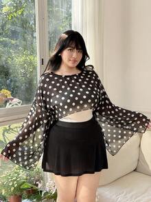 SHEIN EZwear 大码女式休闲波点印花短款套头衫 - 黑與白 - 查看 3