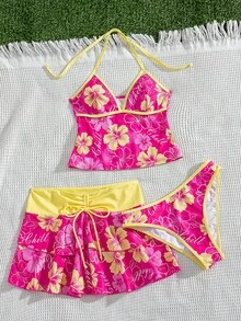 Bellisia Women's Spring/Summer Beach Music Festival Floral Print Colorblock Wrap Tie-Up Ruffle Hem Skirt Tunic 3-Piece Set - Multicolor - View 5