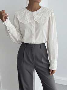 DAZY Eyelet Embroidery Statement Collar Flounce Sleeve Blouse,Long Sleeve Tops,Fall Women Clothes - White - View 4