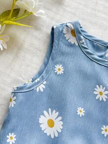 SHEIN Vintaside Kids 两件套女童纯色圆领无袖上衣和宽松纯色短裤套装 - 藍色 - 查看 6