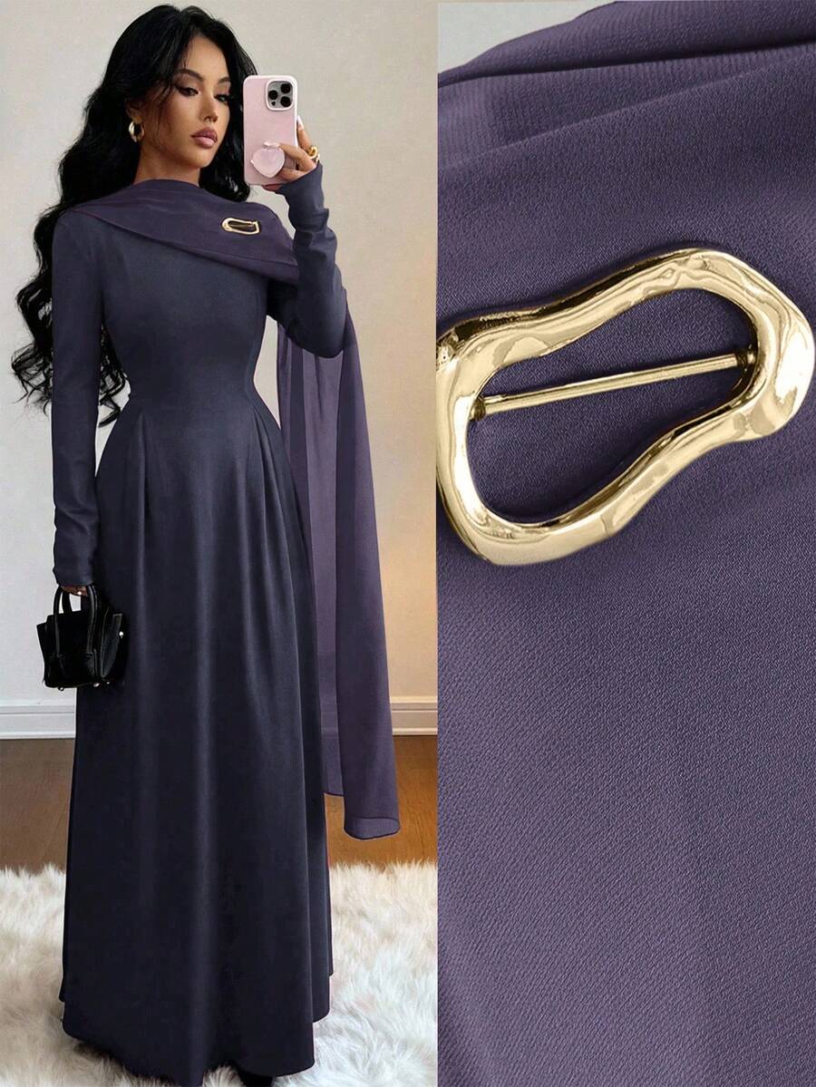Rafferiza 优雅都市时尚雪纺拼接高领长袖A字连衣裙，饰有金属胸针，适合毕业派对、节日活动、约会、婚礼、秋冬季等场合。 - 藏蓝色 - 查看 1