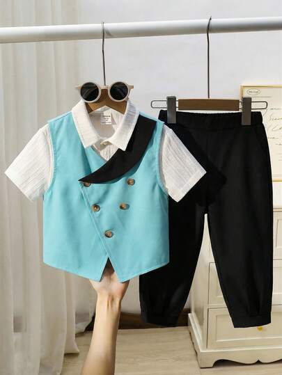 SHEIN 2pcs/Set Young Boys Elegant & Comfortable Gentleman Outfit, Includes Beige Vest And 3/4 Pants, Suitable For Spring/Summer, Daily Wear, Outings, School, Gatherings, Festivals, Performances, And Photoshoots