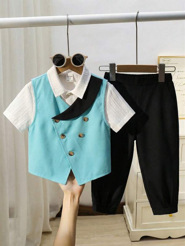 SHEIN Set de 2 piezas Elegante y cómodo conjunto de caballero para niños, incluye chaleco beige y pantalones 3/4, adecuado para primavera/verano, uso diario, salidas, escuela, reuniones, festivales, actuaciones y sesiones fotográficas