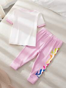 BABY SHARK X SHEIN Baby Girl Comfortable Cute Shark Print Short Sleeve T-Shirt And Pants Pajama Set, Summer - White - View 2