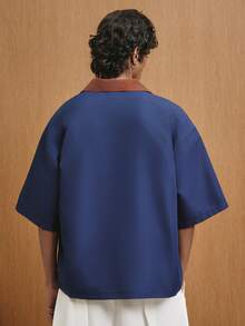 TOKVUE 男士撞色字母印花单排扣休闲短袖衬衫 - 藏蓝色 - 查看 4