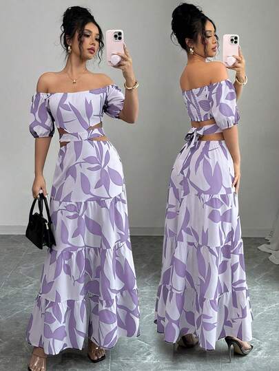 Elenzga Đầm nghỉ mát nữ trễ vai, buộc dây, khoét eo (họa tiết hoa, cắt bất đối xứng)