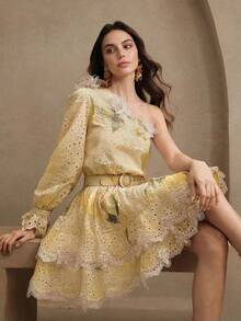 Anewsta Đầm lệch vai, tay phồng, thêu họa tiết, thắt lưng phụ kiện, họa tiết hoa ghép mảnh, kiểu dáng thanh lịch, thích hợp cho lễ hội, đi chơi, nghỉ mát dành cho nữ. - Màu be - Xem 3