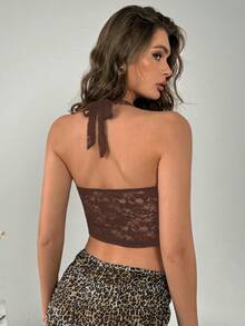 INAWLY Women's Floral Lace Cropped Fitted Sexy Halter Neck Camisole - Coffee Brown - View 2