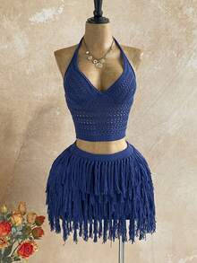 Soleia Bộ đồ 2 mảnh dành cho nữ gồm áo crop top cổ chữ V buộc dây sau lưng và chân váy ngắn tua rua, thích hợp cho tiệc tùng, Giáng sinh, hẹn hò, hộp đêm, phong cách Bohemian, Boho, kỳ nghỉ, mùa thu. - Màu xanh hải quân - Xem 3
