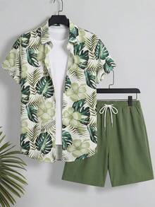 Manfinity Swimmode Men's All-Over Print Button-Front Short Sleeve Shirt And Slant Pocket Shorts Beach Set, Holiday - Green - View 2