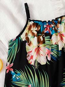SHEIN Bộ áo liền quần chiffon họa tiết hoa nhí cho bé gái, kiểu dáng thường ngày, thích hợp cho kỳ nghỉ. - Màu xanh hải quân - Xem 4