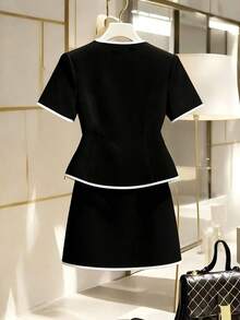 Franclia Bộ đồ nữ màu đen trắng phối nơ thanh lịch, tối giản, thích hợp cho công sở, gồm 2 món. - màu đen - Xem 2