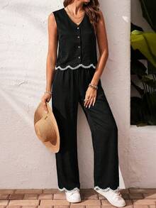 SHEIN Frenchy Women's Plant Embroidery Single-Breasted Vest And Pants Casual Boho 2 Pieces Set,Holiday Outfits Women,Women's Summer Casual Black And White Striped V-Neck Button Front Sleeveless Top Wide Leg Pants Two Piece Set With Lace Trim Casual Outfit,Casual Sets For Women,Oing Out Outfits,Beach Holiday Vacation Outfitsummer Outfits For Women - Black - View 4