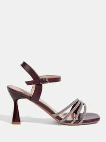CUCCOO TILAWA Damen Mode Quadratische Zehenkappe Strass Dekor Elegante High Heel Sandalen, Burgunderrot Frühlingssschuhe, Frühlingspause, Ostern, Dinner Schuhe, Weihnachten, Valentinstag High Heels - Burgunderbraun - Übersicht 2