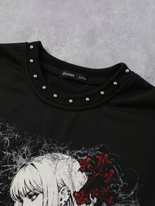 ROMWE MEN Anime Men's Rivet Decor Blurred Portrait Print Loose Fit Tank Top - Black - View 3