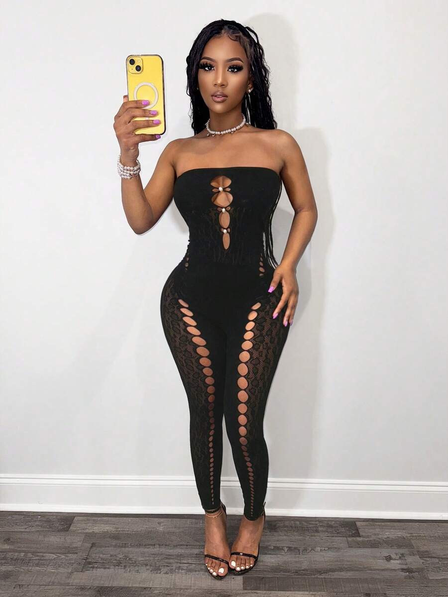 BamGleam Bộ jumpsuit quây ngực gợi cảm bằng lưới xuyên thấu khoét lỗ dành cho nữ - màu đen - Xem 1